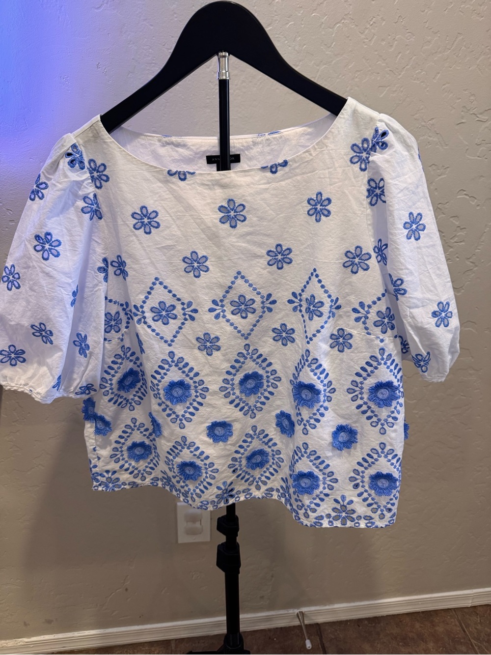 Ann Taylor White Top with Blue Floral Geo Embroidery Boatneck Cotton
